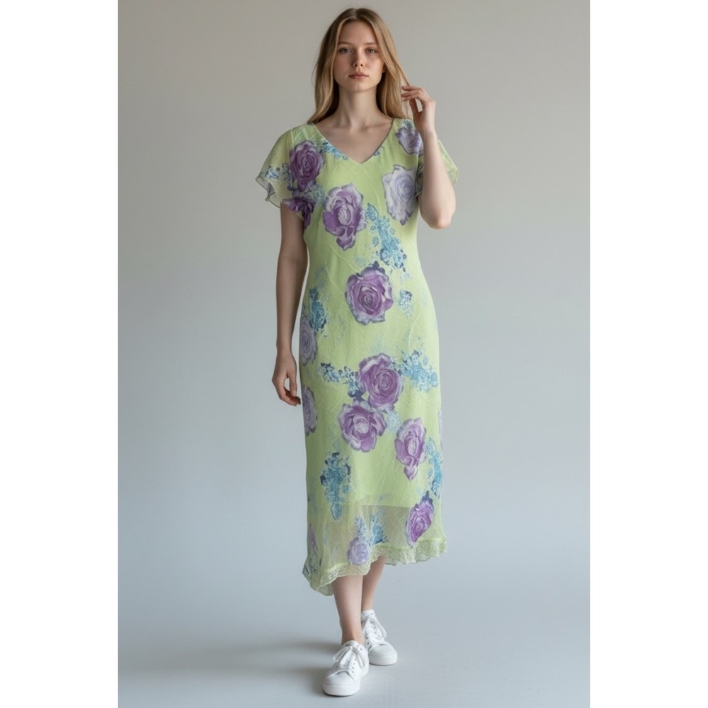 CDC Y2K Vintage Lime Green Purple Rose Floral Asymmetrical Midi Slip Dress Sz 8